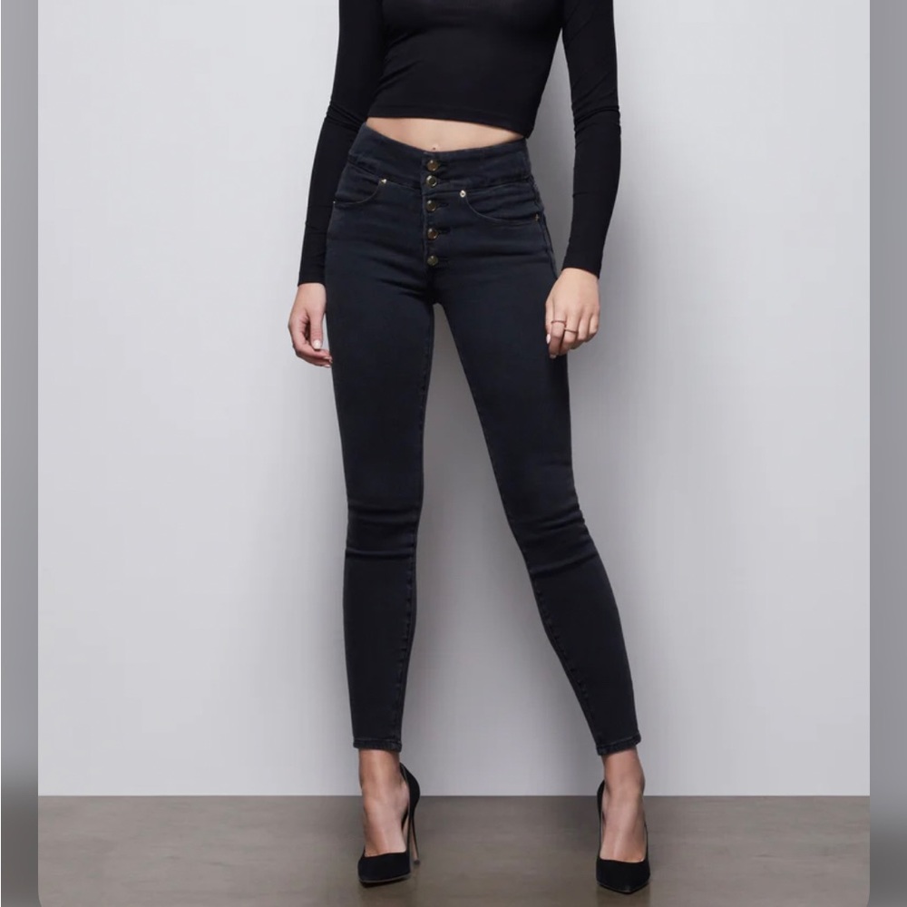 Good American GOOD WAIST BUTTON FLY never worn black and gold skinny sexy fit
